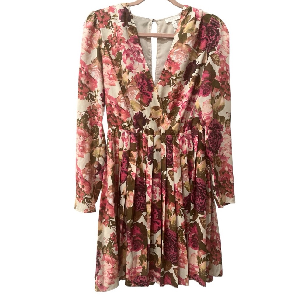 Leith Floral Faux Wrap Mini Dress Romantic Pink Long Sleeve Flirty Size XS